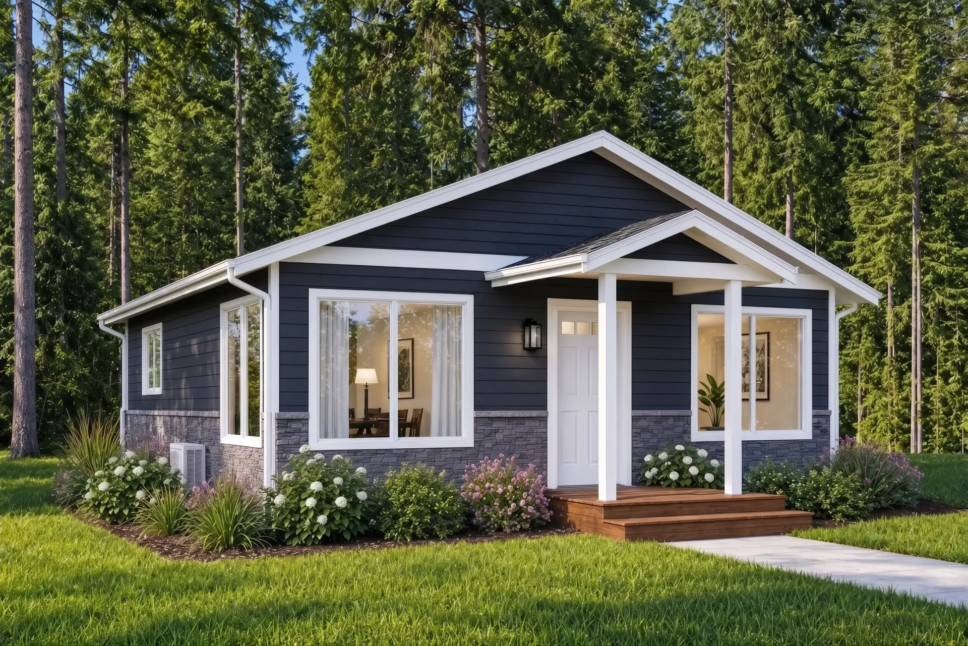 Small dark-gray modern cottage with white trim and front porch, set among tall evergreen trees.