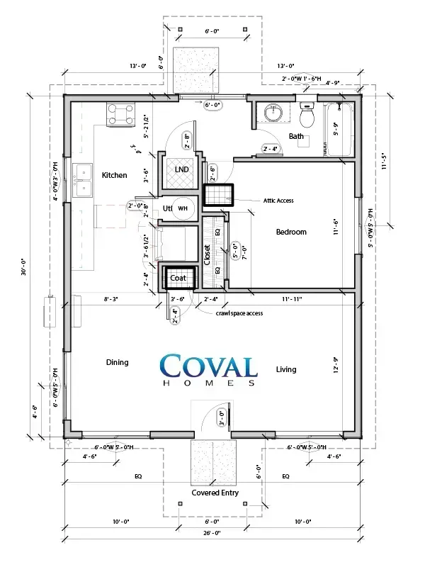 Black-and-white floor plan of a home with labeled kitchen, dining, living, bedroom, bath, and closet areas