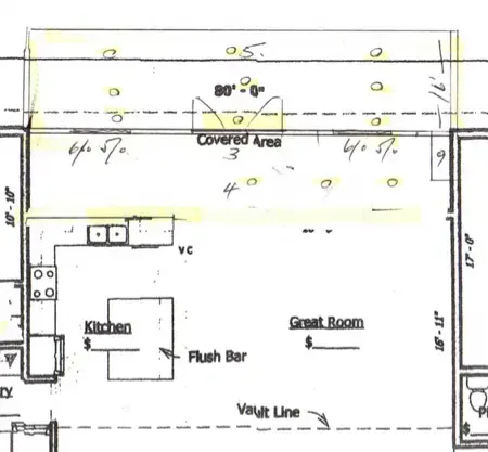 Floor plan sketch of a covered area with kitchen, flush bar, great room, and vault line.