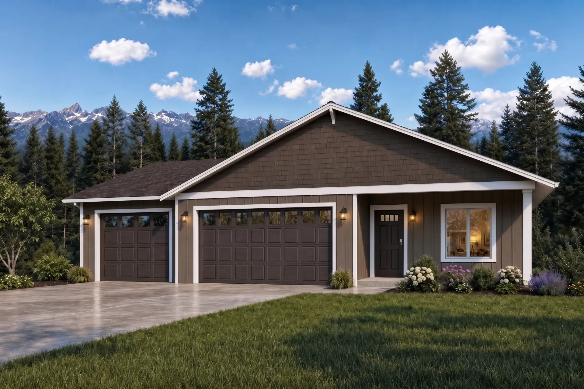 Single-story gray house with a two-car garage, dark roof, and landscaped front yard.