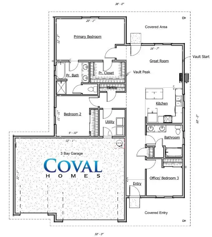 Floor plan of a Coval Homes house, showing rooms, garage, porch, and labeled spaces.