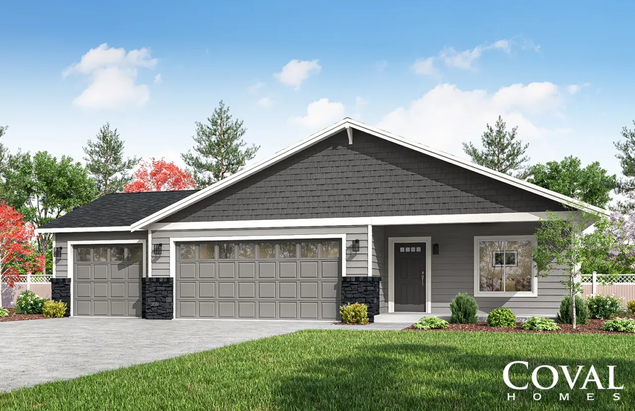 Single-story gray house with a two-car garage, dark roof, and landscaped front yard.