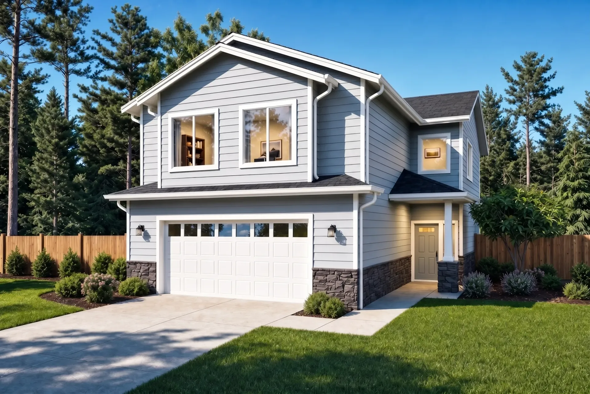 Modern two-story gray house with dark garage, white trim, and a front porch on a wooded lot