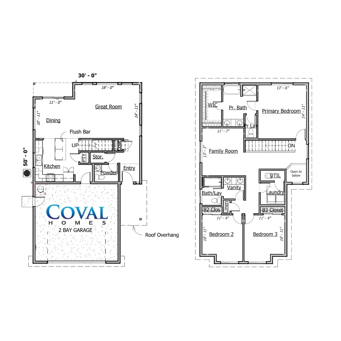Two black-and-white floor plans labeled Great Room and COVAL, showing room layouts and stairs.
