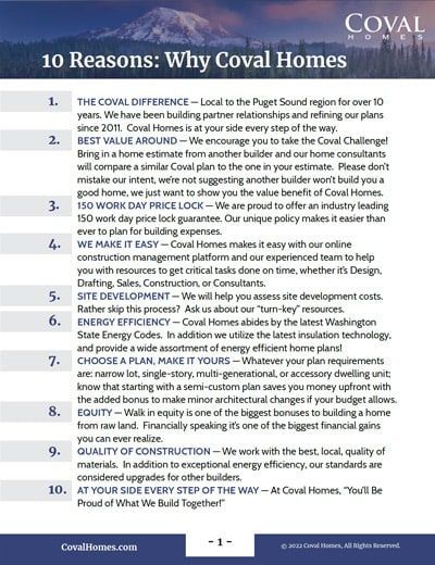 Flyer titled “10 Reasons: Why Coval Homes” with a blue header and numbered text list.