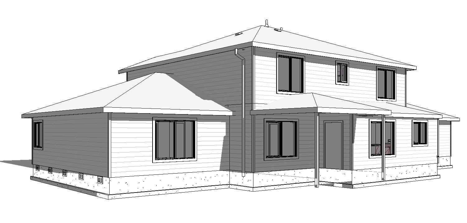 Black-and-white architectural rendering of a modern two-story house with a sloped roof.