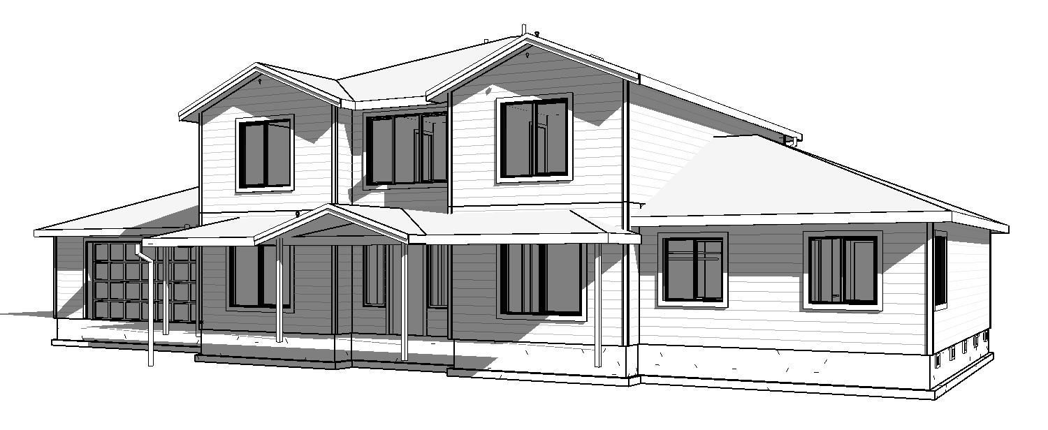 Architectural rendering of a two-story house with a front porch and garage, shown in black and white.