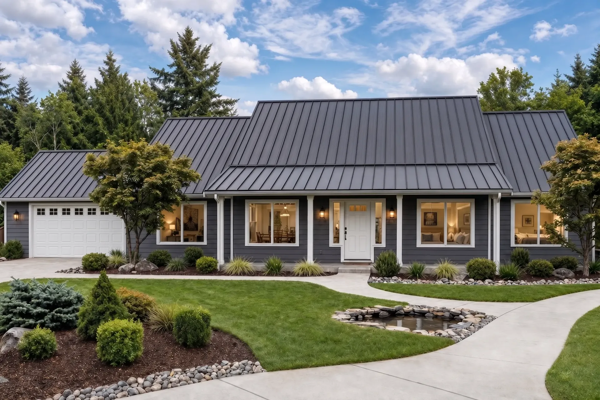 Single-story suburban house with gray siding, porch columns, and landscaped front yard under a blue sky