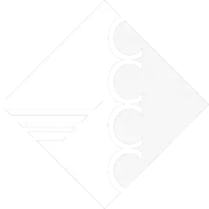 Abstract pale geometric logo with a diamond shape, curved cutouts, and horizontal lines on a light background