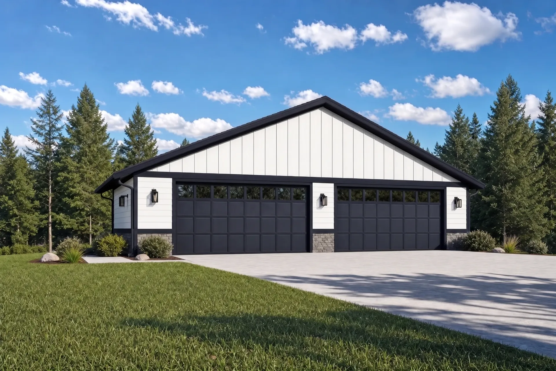 Gray three-car garage with gabled roof and stone accents in a suburban setting