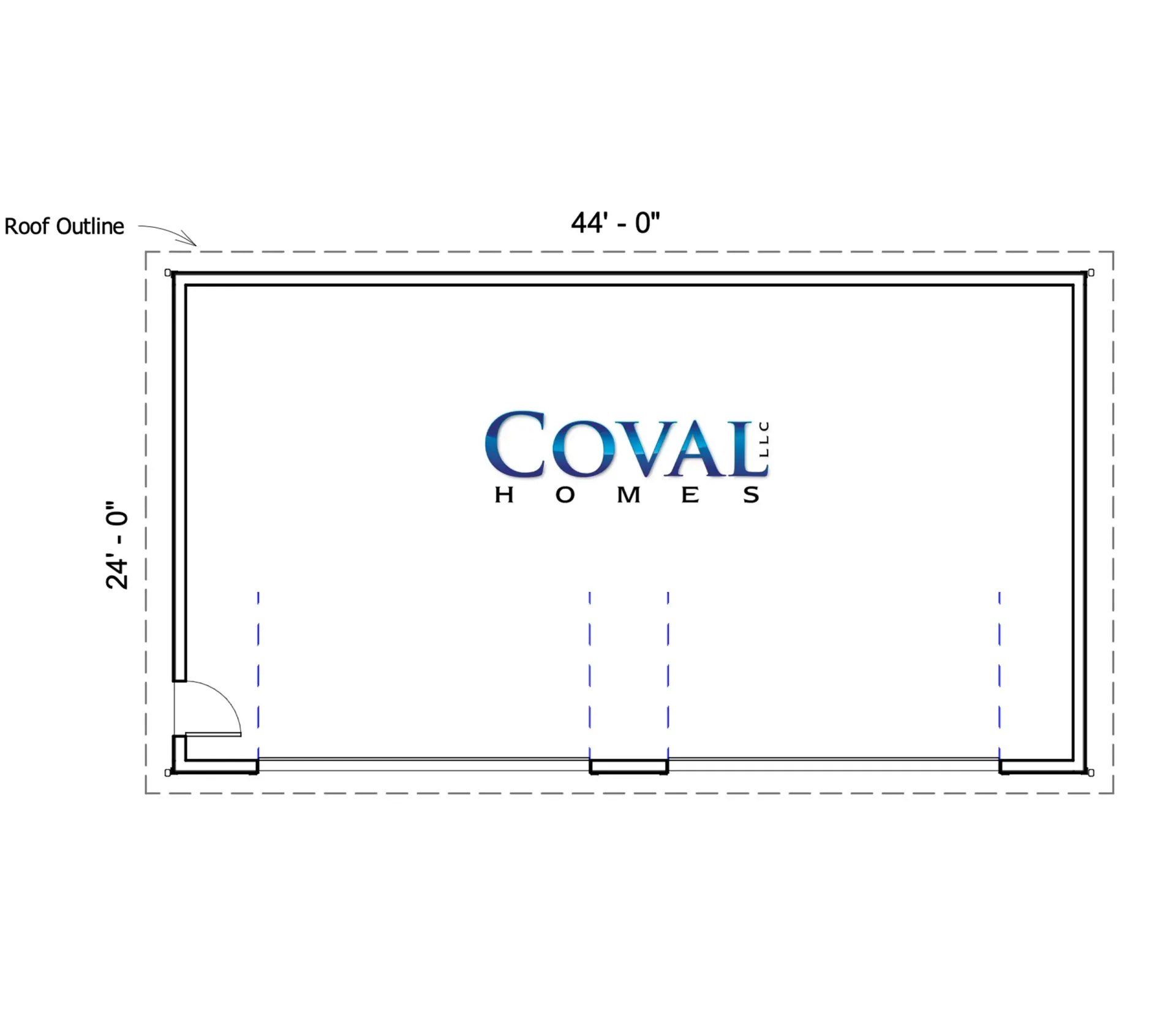 Floor plan of a rectangular room labeled COVAL HOMES with dimensions marked around the perimeter.