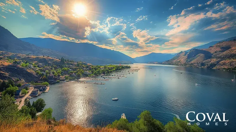 An elevated, sunlit view of a deep blue lake nestled between imposing, rugged mountains. On the left shoreline, a picturesque town with lush green trees surrounds a large marina filled with docked white boats. A few boats navigate the open water, which brightly reflects the radiant sun shining through dynamic, scattered clouds in a vivid blue sky. The logo "COVAL HOMES" is displayed in the bottom right corner.
