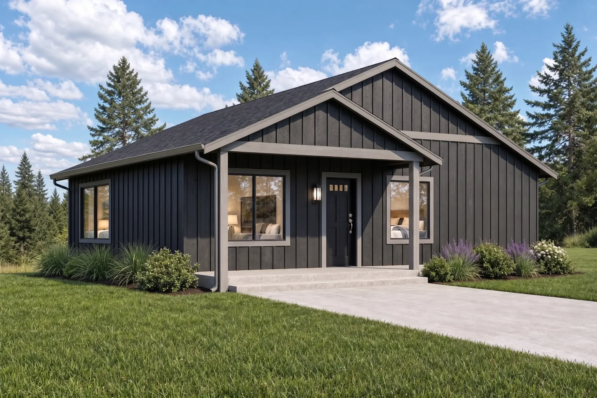 Modern white cabin-style house with black trim and porch, surrounded by tall pine trees and lawn