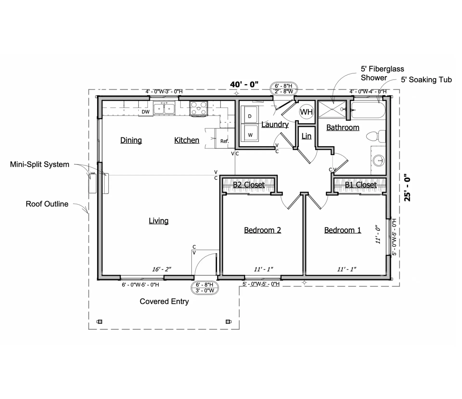 Black-and-white house floor plan with labeled rooms, doors, windows, and dimensions