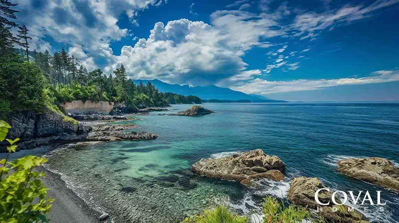 A breathtaking coastal scene featuring a rugged shoreline with a dark pebble beach and exceptionally clear, shallow turquoise water in the foreground. Jagged, textured rocks emerge from the deeper blue water, while steep, rocky cliffs covered in lush green evergreen trees line the coast to the left. In the distance, hazy blue mountains stretch along the horizon under a bright blue sky filled with massive, billowing white clouds. The logo "COVAL HOMES" is displayed in the bottom right corner.