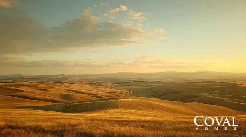 A serene, expansive landscape of smooth, rolling hills covered in golden grass or wheat, illuminated by the warm, glowing light of a sunrise or sunset. The hills stretch endlessly into the hazy distance under a soft, golden-tinged sky with scattered, light clouds. The logo "COVAL HOMES" is displayed in the bottom right corner.