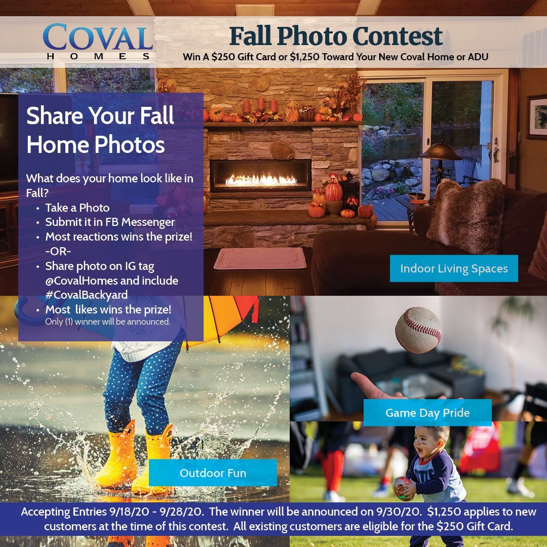 Fall photo contest flyer showing autumn home photos, indoor living spaces, outdoor shots, and family photos