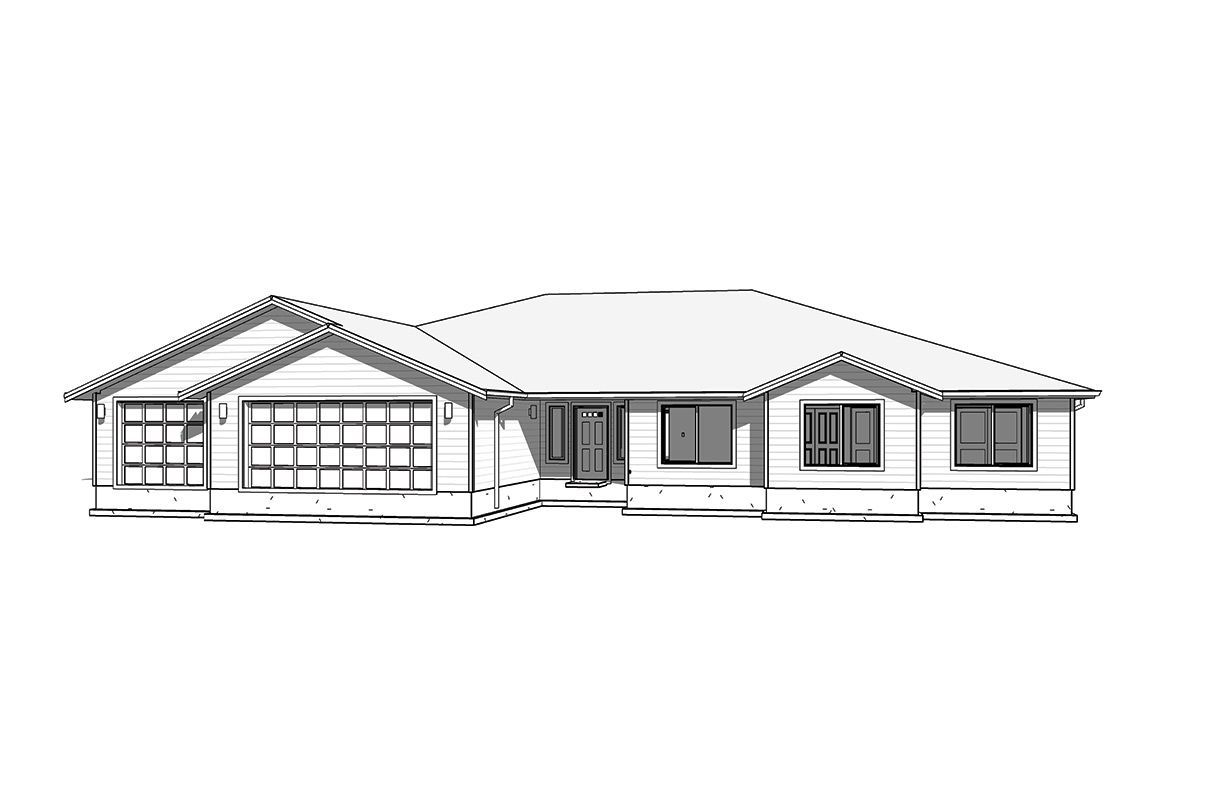 Black-and-white sketch of a single-story house with a garage and front porch.