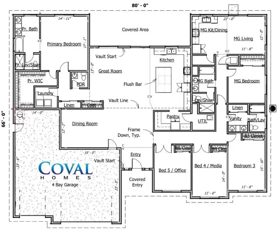 Floor plan of a single-story home with labeled rooms, patio, and garage by Coval Homes
