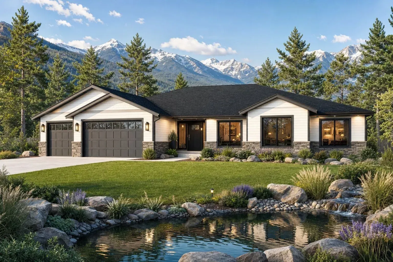 Single-story suburban house with stone and beige exterior, dark roof, and large green lawn
