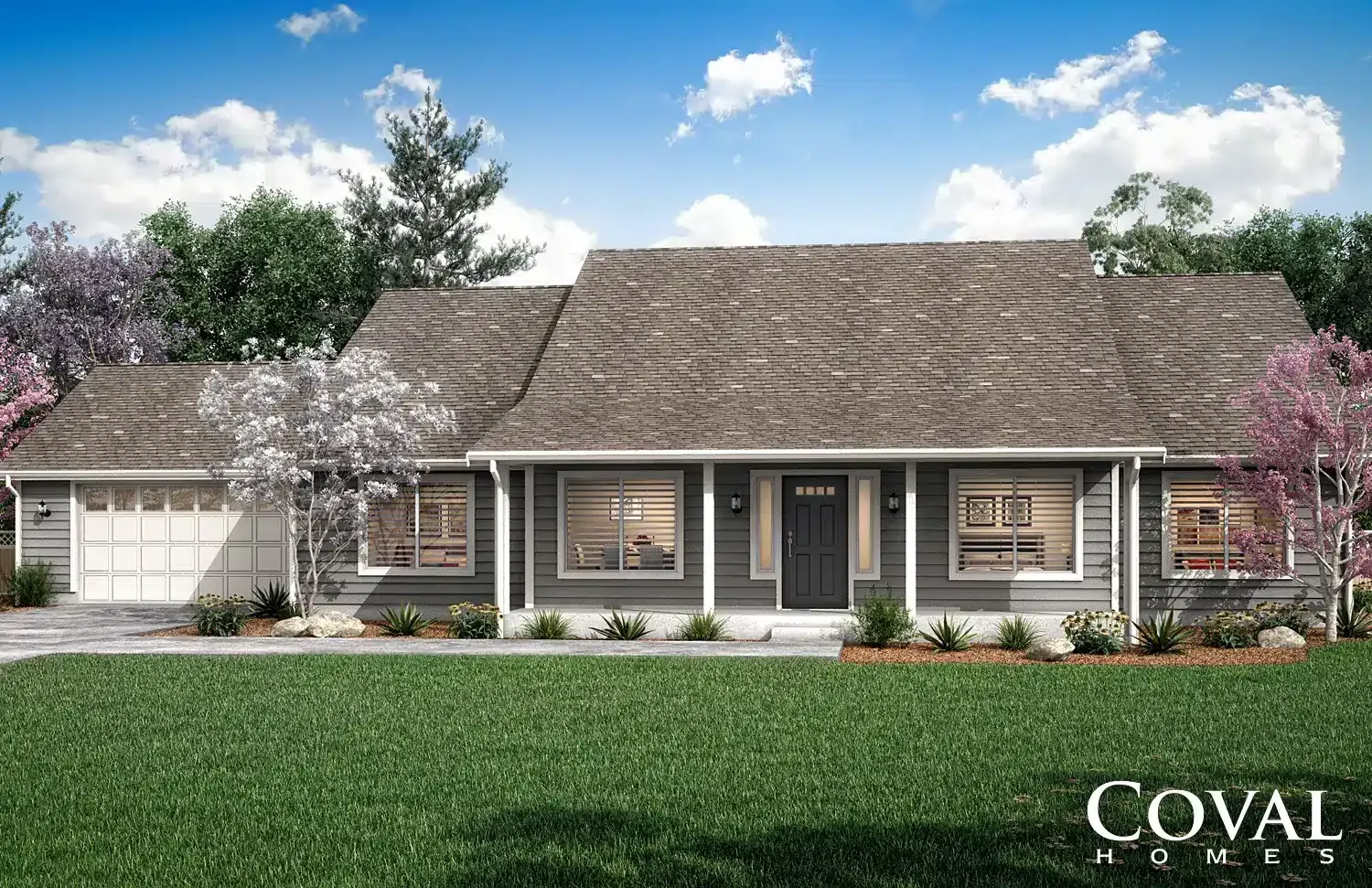 Single-story gray house with white trim, front porch, and landscaped lawn under a blue sky