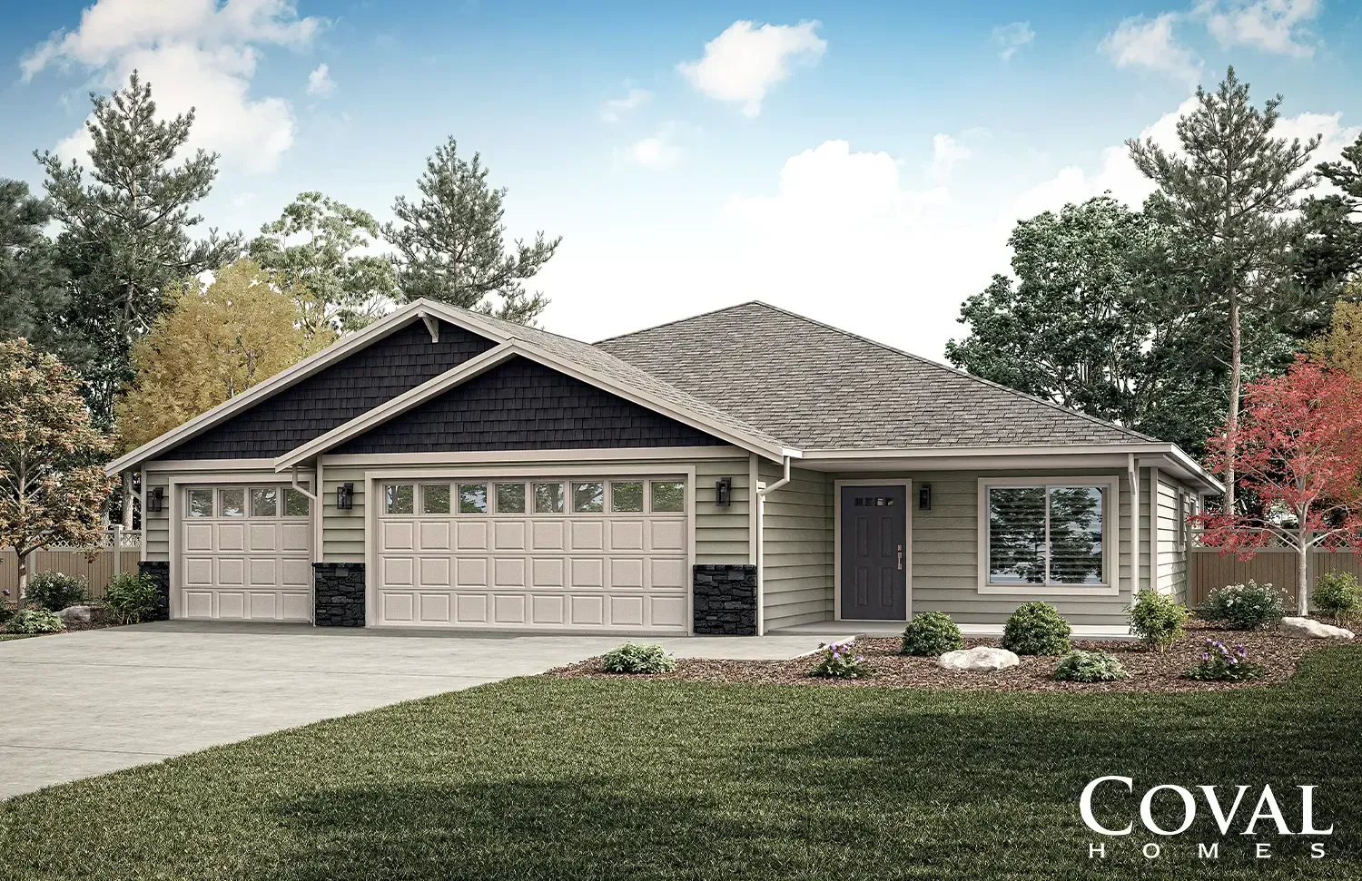 Single-story suburban house with beige siding, dark roof, two-car garage, and a front lawn under a blue sky