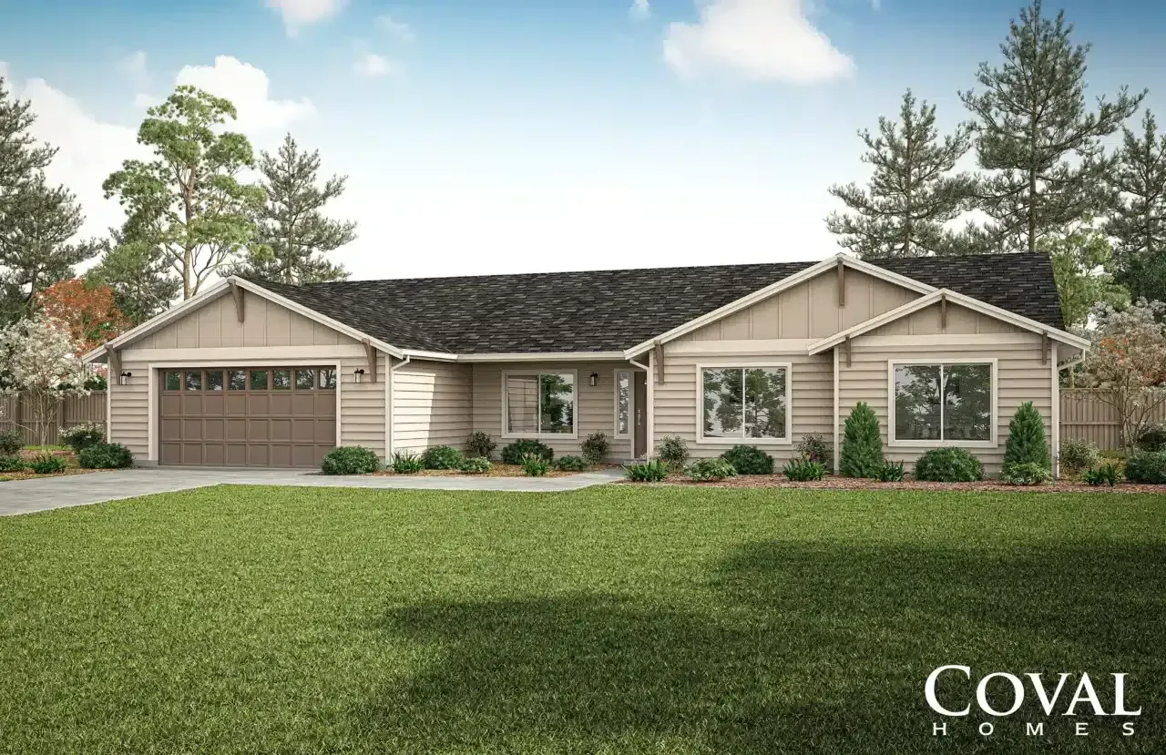 Single-story beige house with a garage, front lawn, and trees under a partly cloudy sky