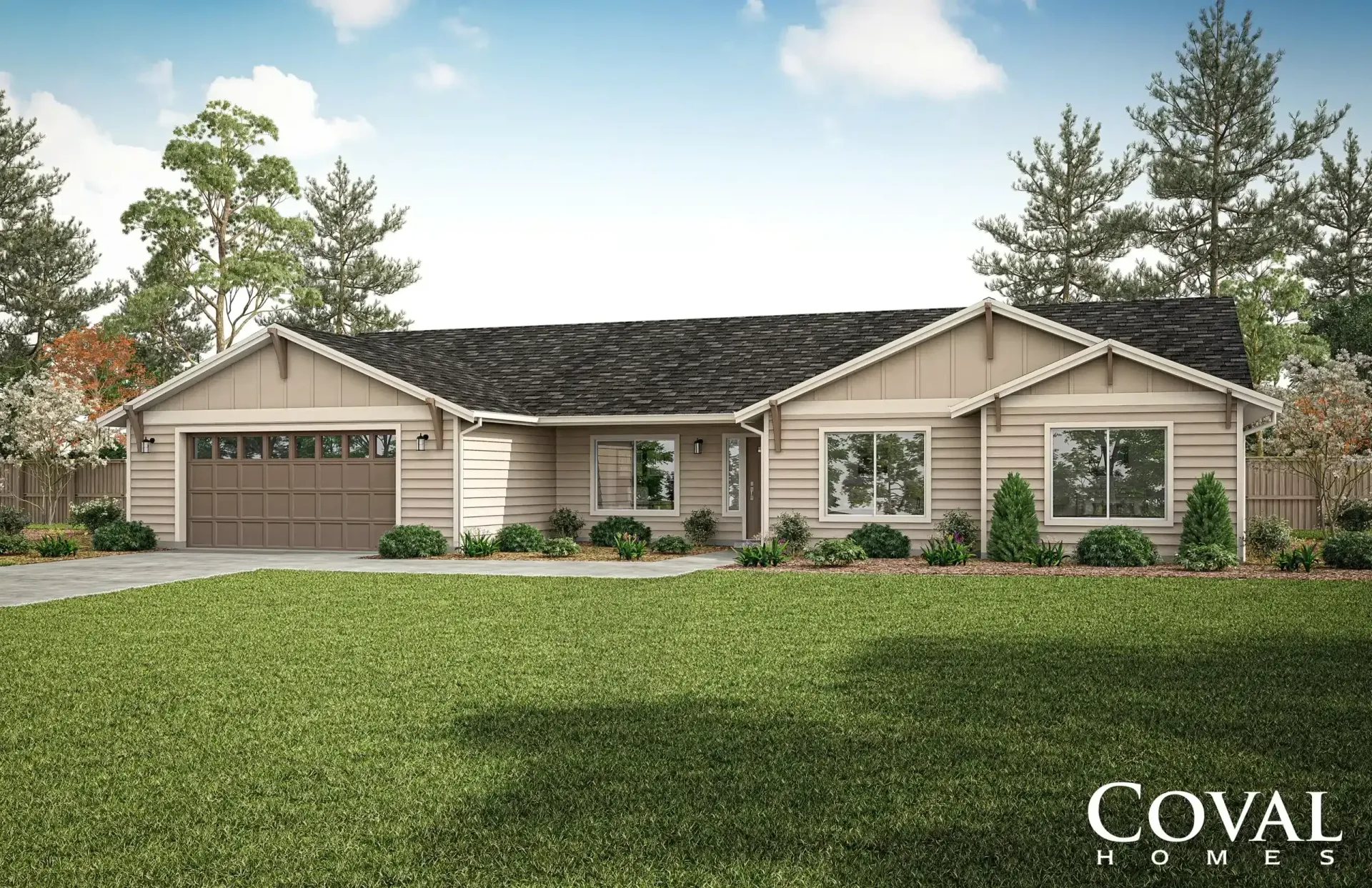 Single-story beige suburban house with a two-car garage and manicured front lawn