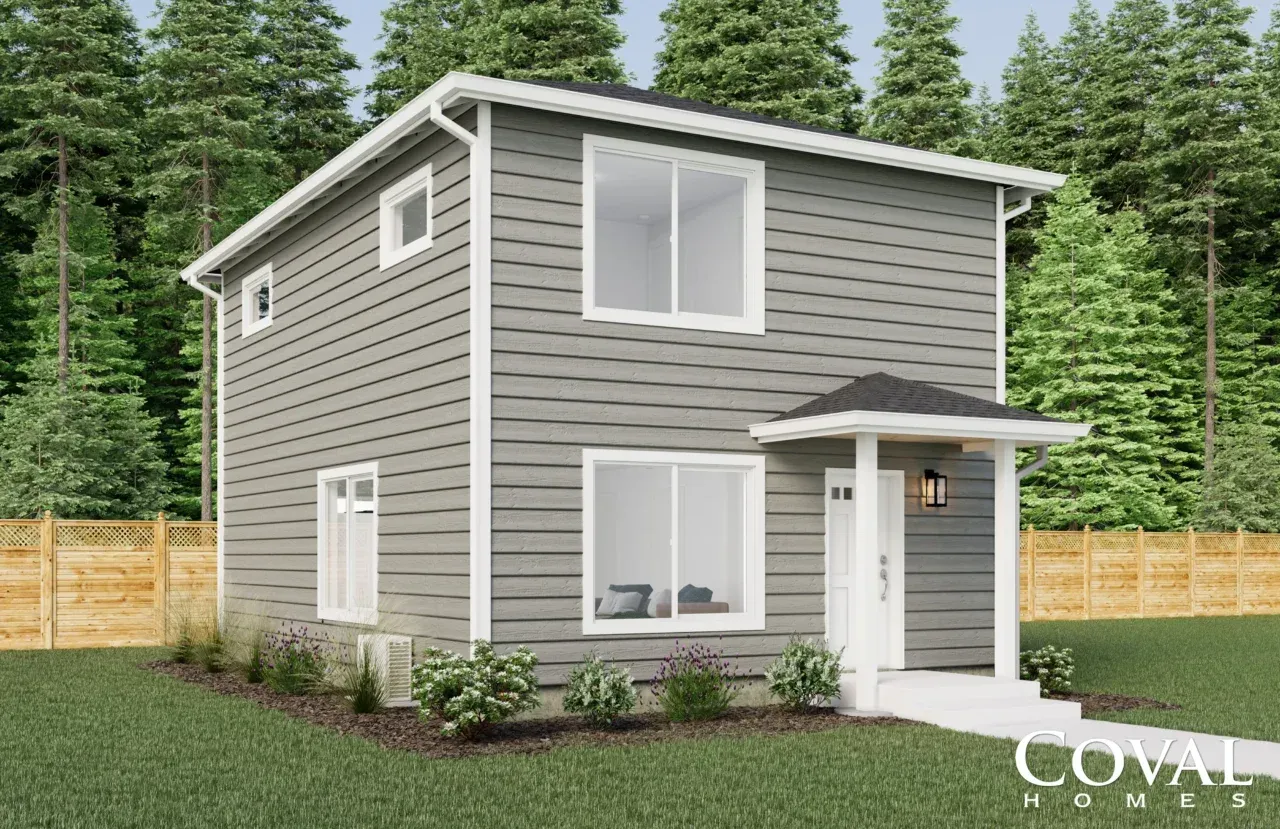 Rendering of a gray two-story house with white trim, front porch, and tall evergreen trees in the background