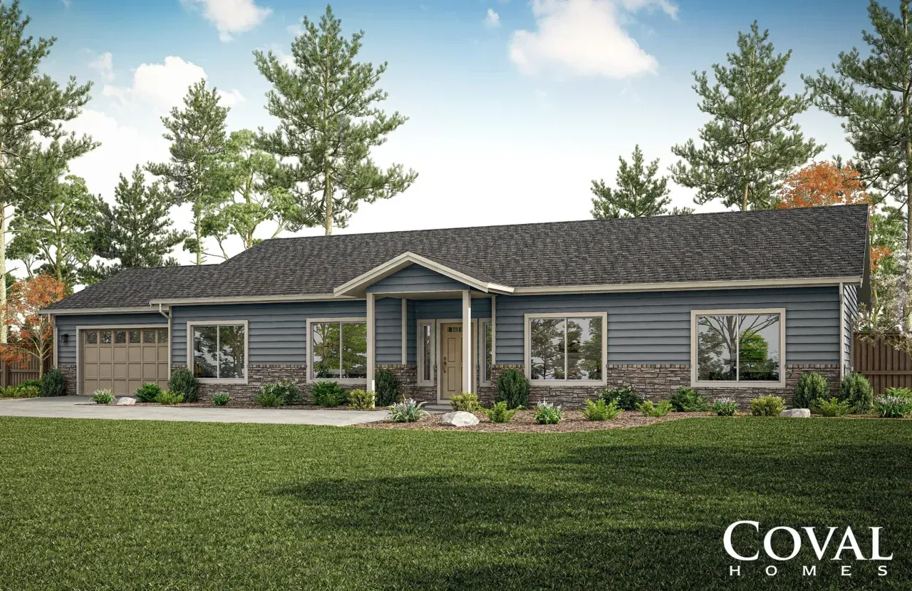 Single-story gray house with dark roof, front lawn, and tall trees under a cloudy sky.