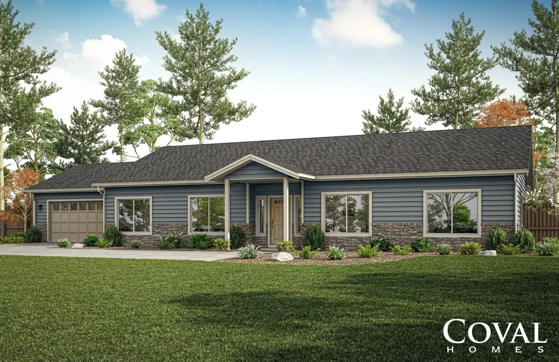 Single-story gray house with dark roof, front lawn, and tall trees under a cloudy sky.