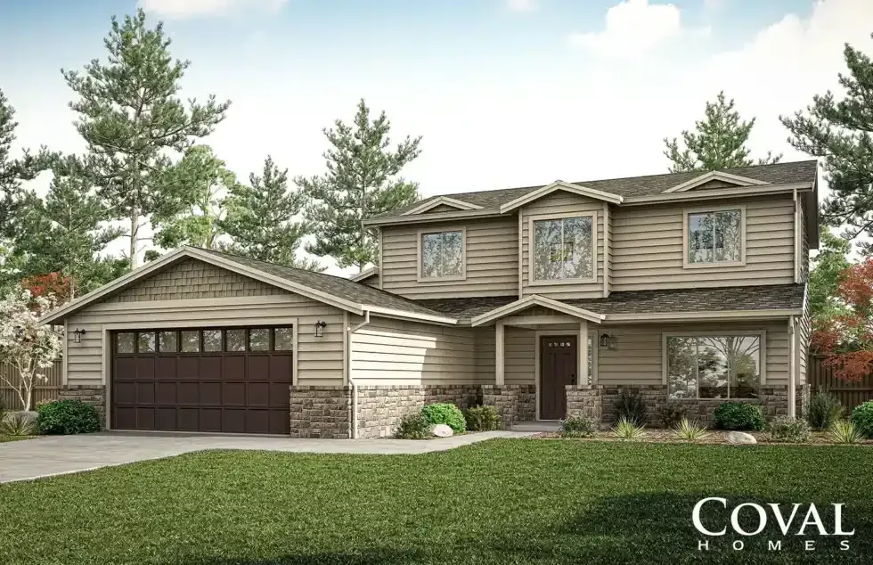 Coval Homes  Two-story beige suburban house with attached garage, front lawn, and trees under a bright sky
