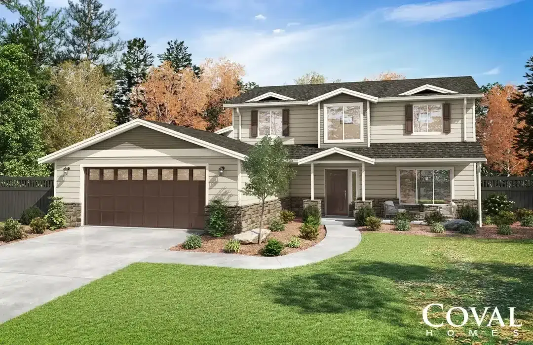 Two-story suburban house with two-car garage, curved driveway, and green lawn under a blue sky
