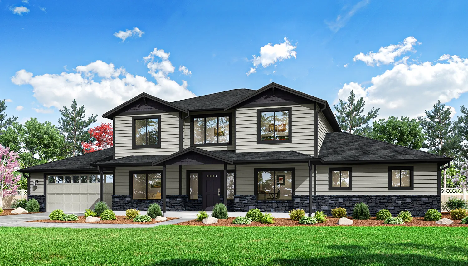 Two-story modern house with beige siding, dark roof, and landscaped front yard under a blue sky