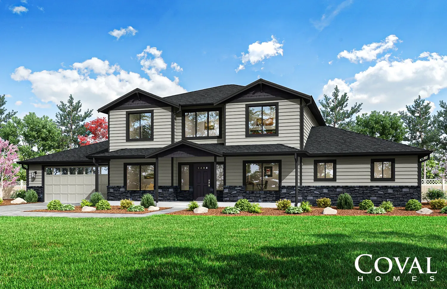 Large modern two-story house with dark trim, front lawn, and blue sky with clouds