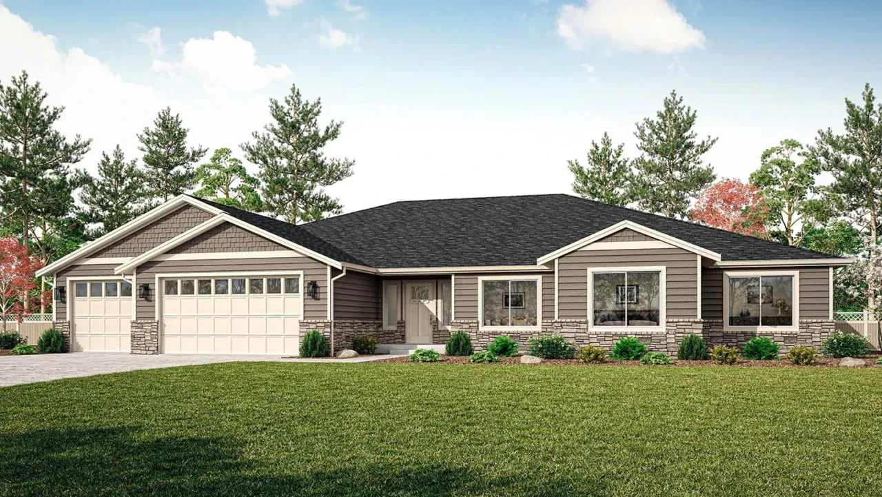 Single-story suburban house with stone and beige siding, black roof, and a large green lawn.