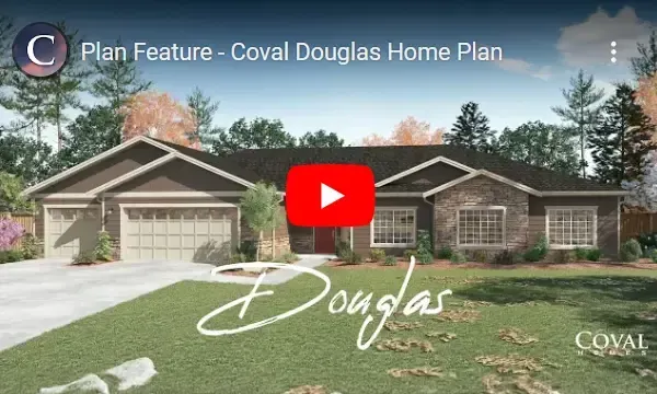 Coval Douglas home plan thumbnail showing a brick house with a garage and “Douglas” script overlaid