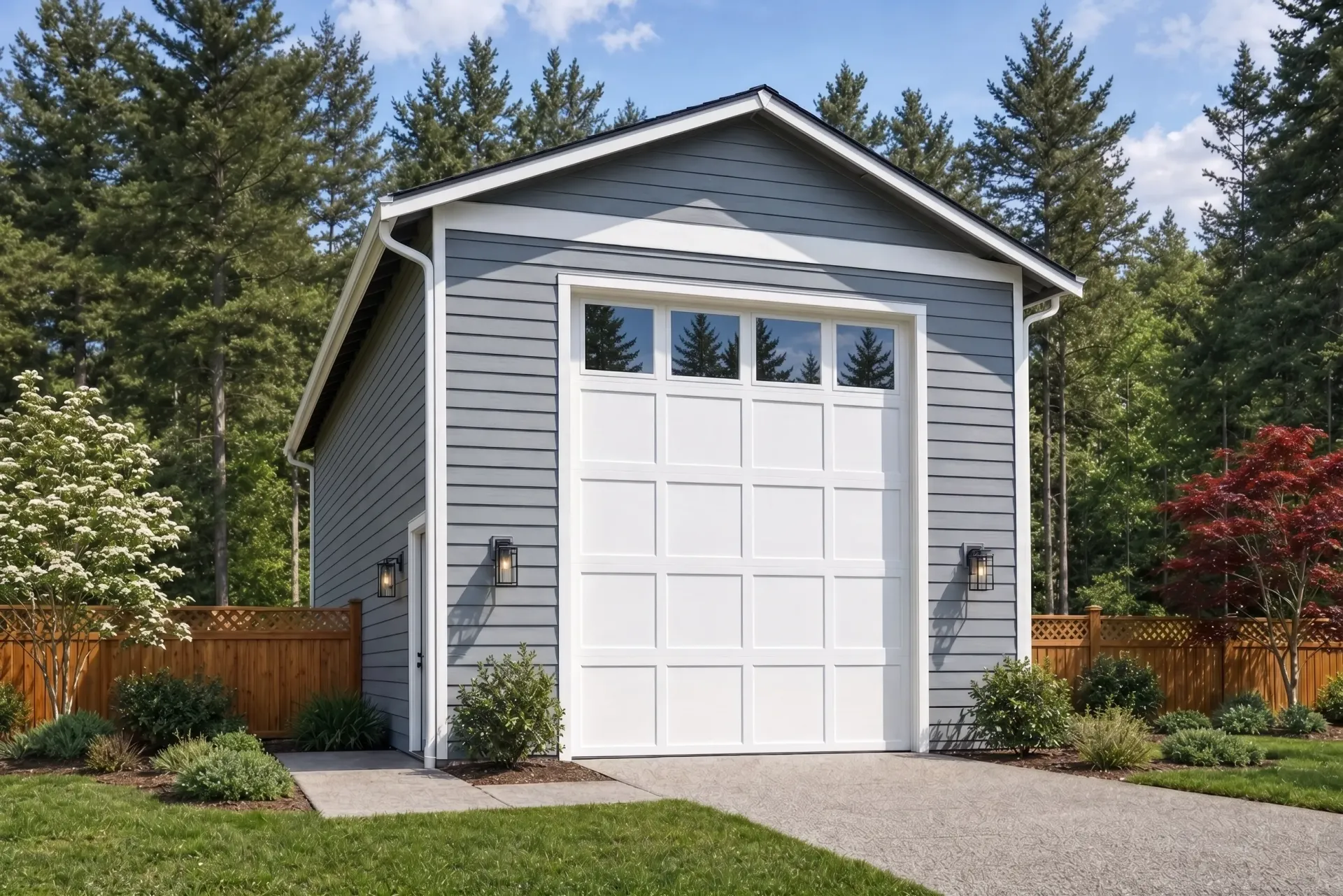 Small gray garage with a white door, front walkway, and landscaped yard under a blue sky