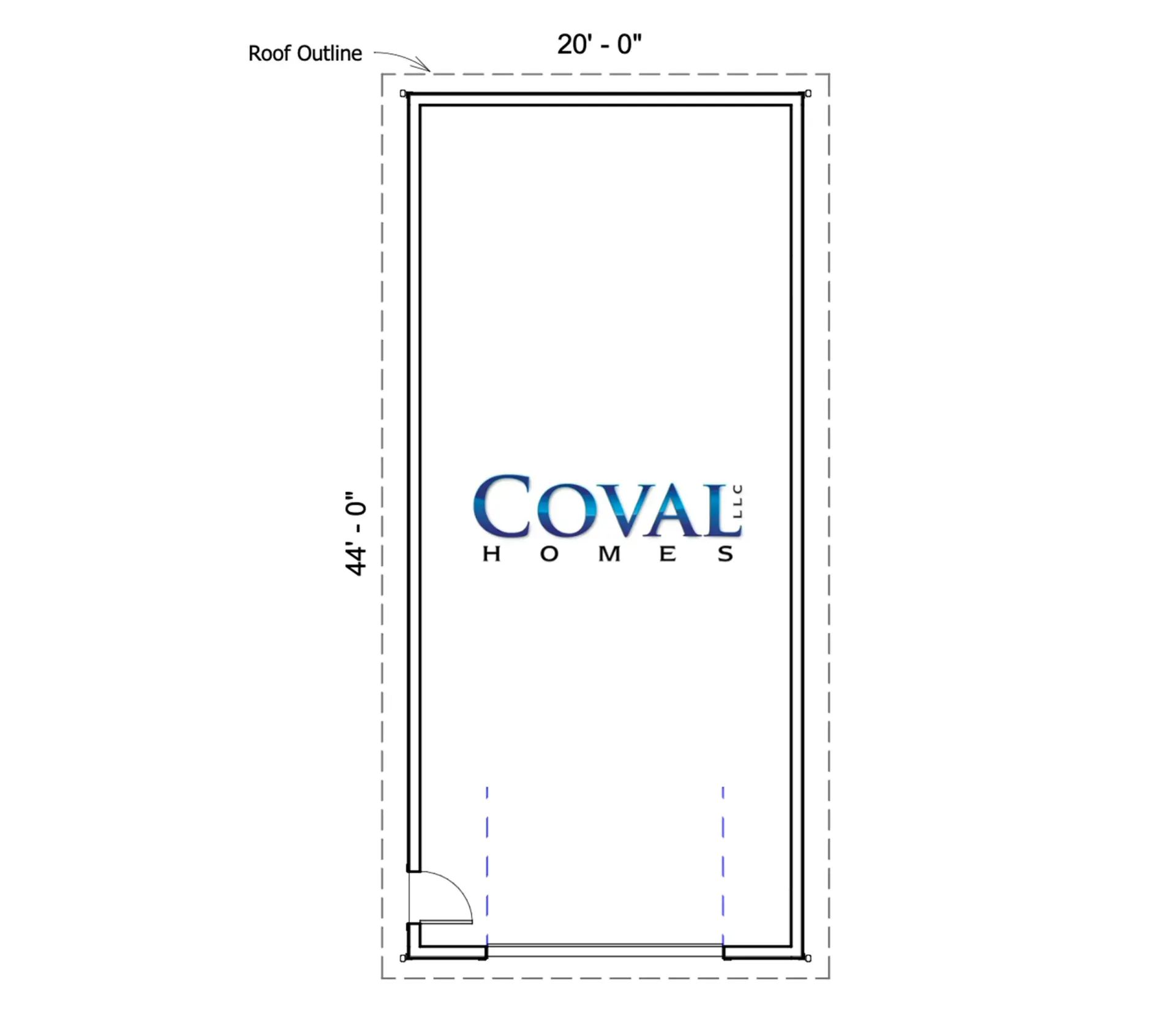 Floor plan of a narrow rectangular room labeled 20'0