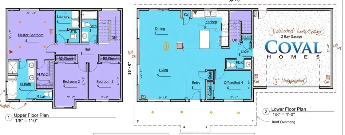 Two colorful apartment floor plans beside a “COVAL homes” logo and pricing text.