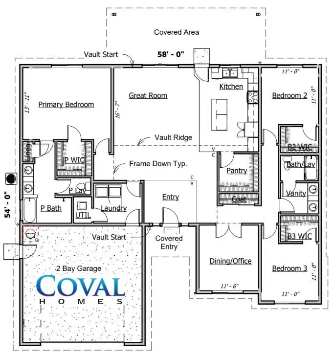 Black-and-white floor plan of a COVAL Homes house with bedrooms, kitchen, baths, entry, patio, and covered areas