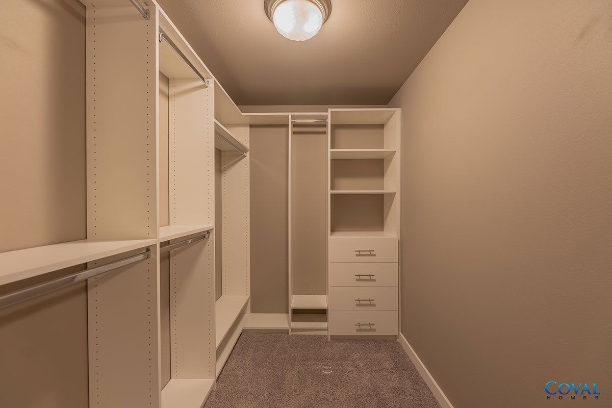 Empty walk-in closet with white shelves, hanging rods, drawers, and carpeted floor.