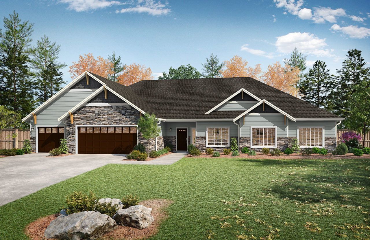 Suburban house with stone accents, brown roof, two-car garage, and a large green lawn under a clear sky