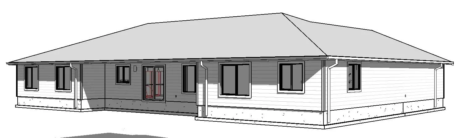 Black-and-white sketch of a single-story house with a hip roof and front porch.