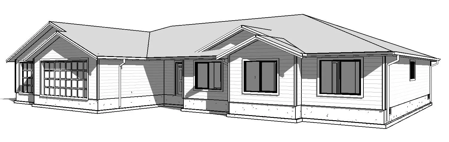 Black-and-white architectural rendering of a single-story house with a front porch and gabled roof