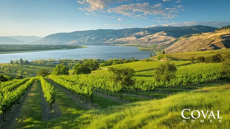 An elevated, scenic view looking down neat rows of vibrant green grapevines in a hillside vineyard bathed in warm sunlight. The vineyard slopes gently toward a wide, calm blue river that curves through a lush valley. In the distance, smooth, rolling mountains with arid, sunlit ridges stretch across the horizon under a bright blue sky dotted with fluffy white clouds. The logo "COVAL HOMES" is displayed in the bottom right corner.