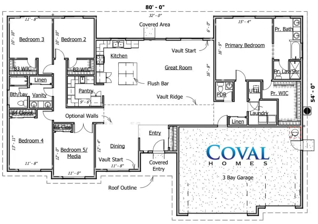 Black-and-white house floor plan labeled with room names, including a large “COVAL” area.