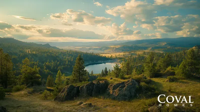 An elevated, scenic view looking down into a lush valley heavily forested with evergreen trees. A calm, blue lake sits in the center of the valley, bordered by a small clearing or settlement. The foreground features grassy slopes and dark, rocky outcroppings bathed in warm, golden-hour sunlight. Rolling hills and hazy mountains stretch across the background under a vast sky filled with large, softly illuminated clouds. The logo "COVAL HOMES" is displayed in the bottom right corner.