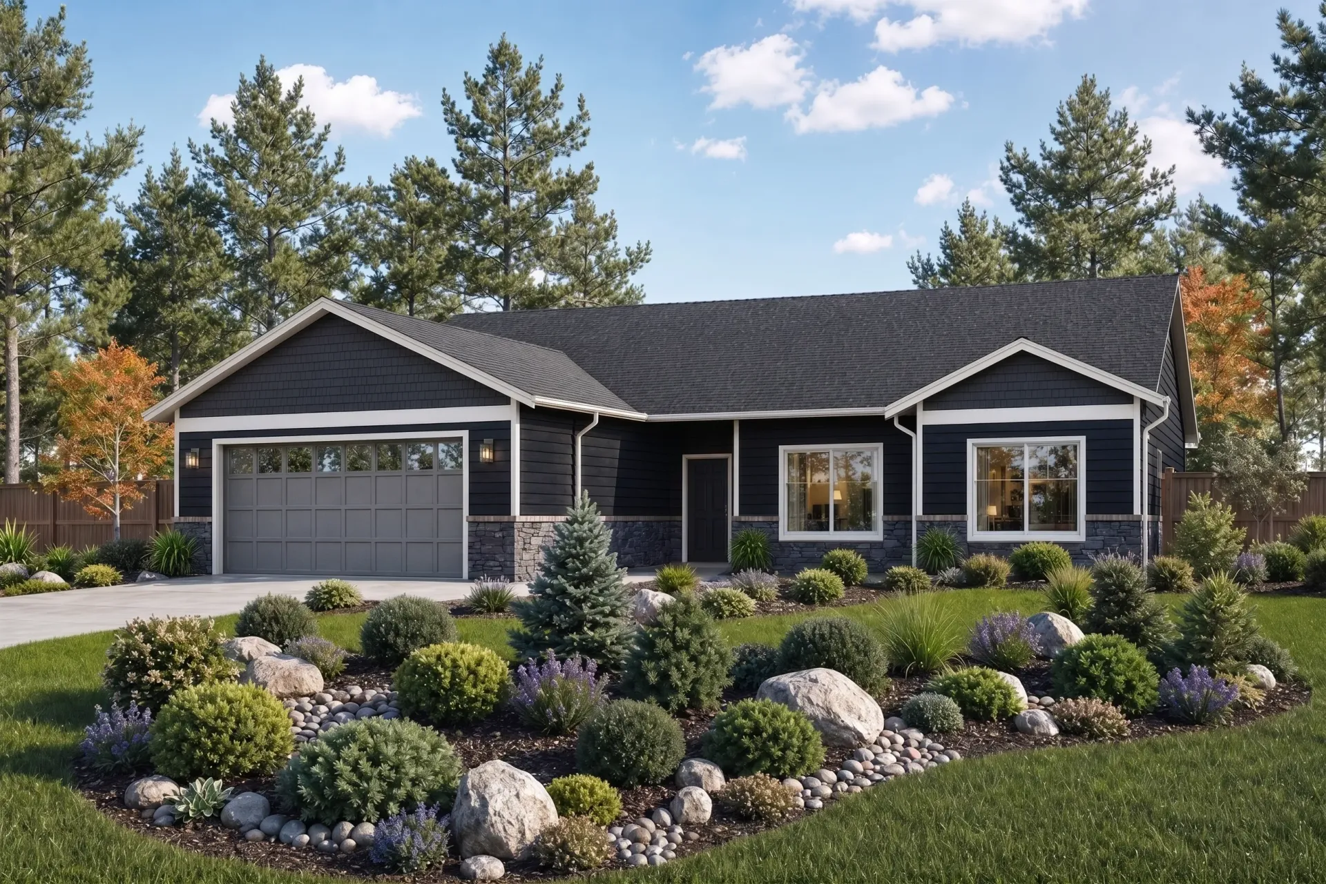 Single-story gray house with two-car garage and landscaped front yard under a blue sky