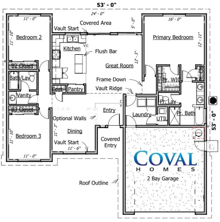 Floor plan of a Coval Home: 2-bedroom, 2-bath layout with great room, kitchen, dining, and 2-car garage.